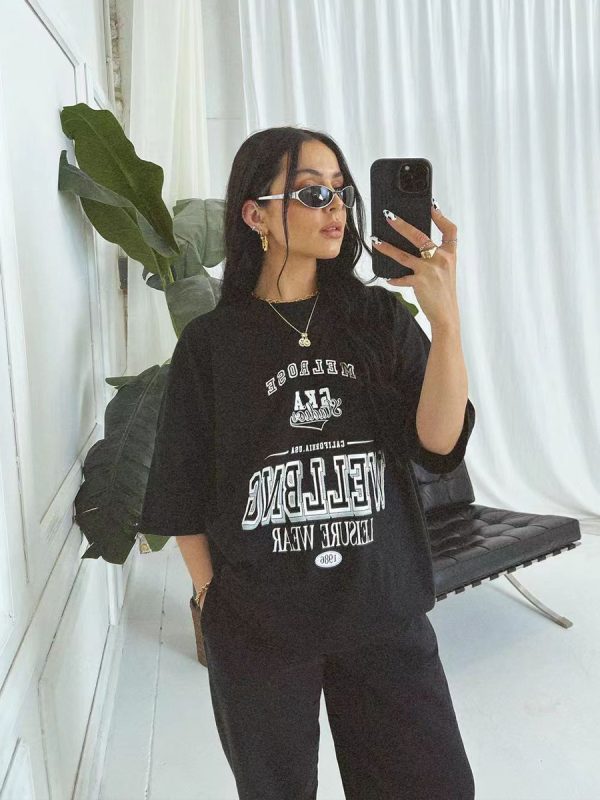 American Retro Black Letter Oversized Short Sleeve T-Shirt for Women - Summer 90s Street Style Top