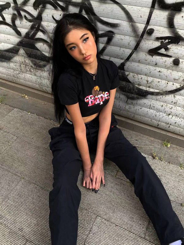 American Retro Camouflage Letter Monkey Black Slim Fit Short Sleeve T-Shirt for Women - Sweet and Spicy Y2K Style