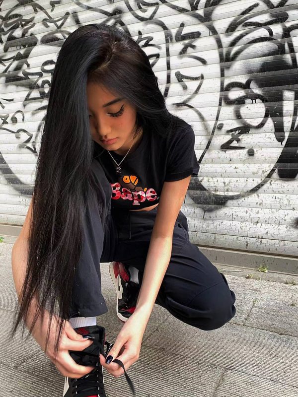 American Retro Camouflage Letter Monkey Black Slim Fit Short Sleeve T-Shirt for Women - Sweet and Spicy Y2K Style