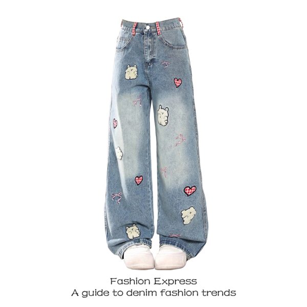 American Retro Cartoon Heart Embroidery Wide-Leg Denim Pants for Women - Casual Loose Fit Straight-Leg Trousers for Spring
