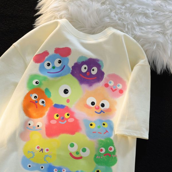 American Retro Cartoon Print Pure Cotton Short Sleeve T-Shirt for Men and Women, Plus Size Loose Fit Couple Top