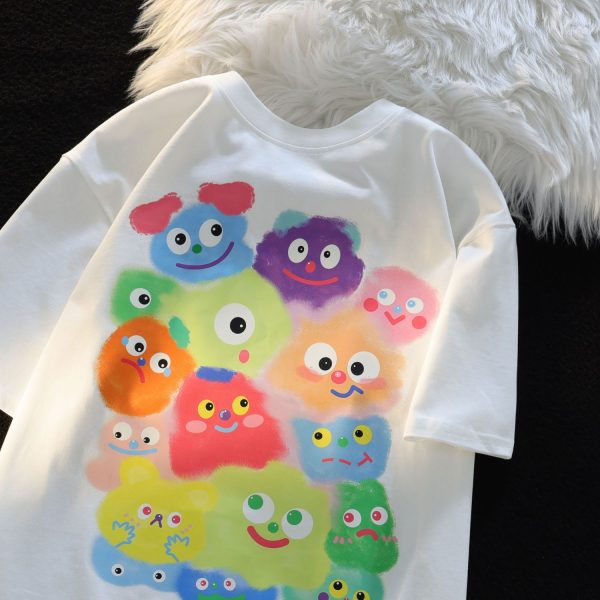 American Retro Cartoon Print Pure Cotton Short Sleeve T-Shirt for Men and Women, Plus Size Loose Fit Couple Top