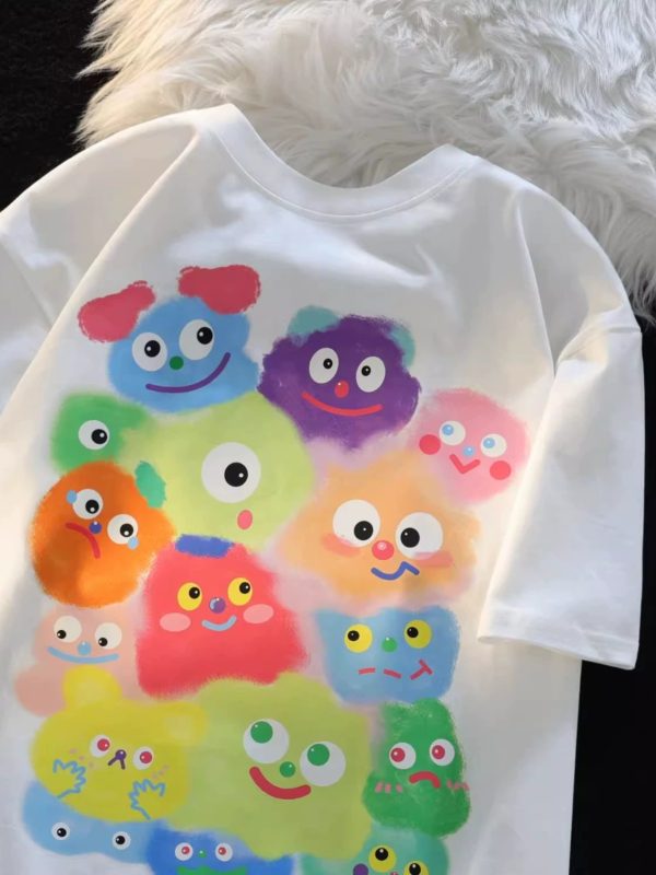 American Retro Cartoon Print Pure Cotton Short Sleeve T-Shirt for Men and Women, Plus Size Loose Fit Couple Top