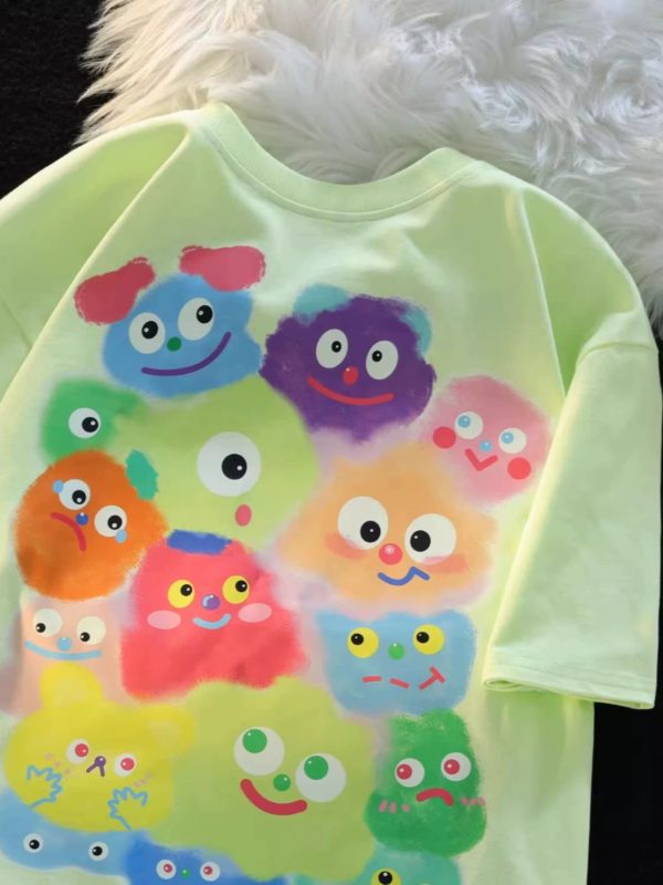 American Retro Cartoon Print Pure Cotton Short Sleeve T-Shirt for Men and Women, Plus Size Loose Fit Couple Top