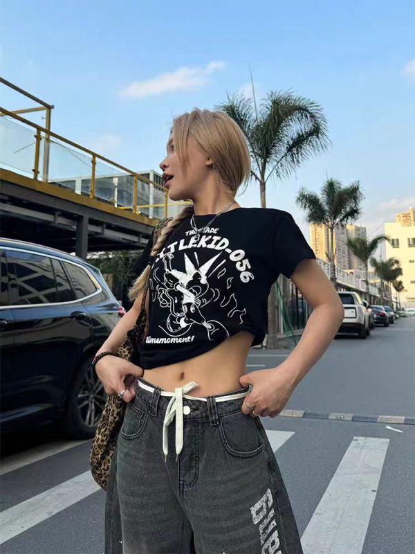 American Retro Cartoon Print Short Sleeve T-Shirt for Women - 2025 Summer Slim Fit Style, Perfect for Y2K and Vintage Fashion Lovers