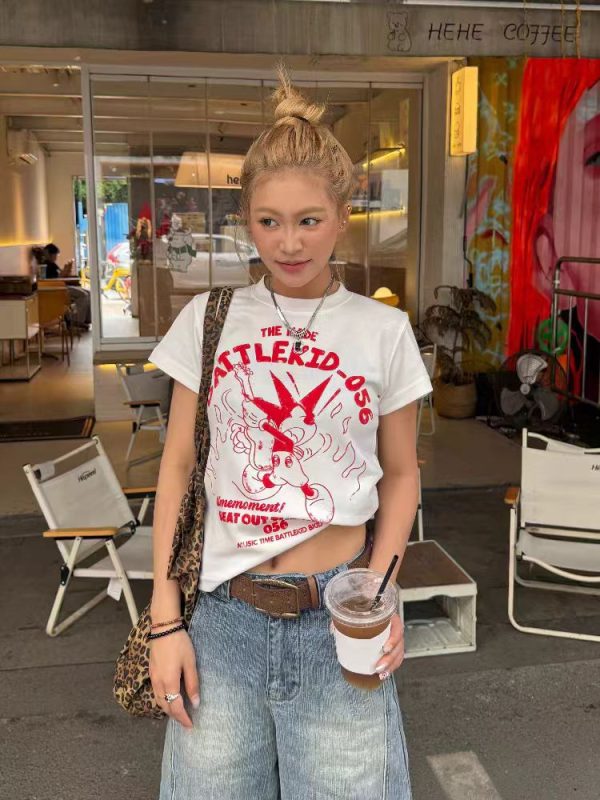 American Retro Cartoon Print Short Sleeve T-Shirt for Women - 2025 Summer Slim Fit Style, Perfect for Y2K and Vintage Fashion Lovers