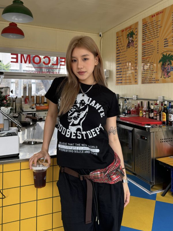 American Retro Casual Short Sleeve T-Shirt for Women - Trendy Summer Street Style Top, Versatile Everyday Wear