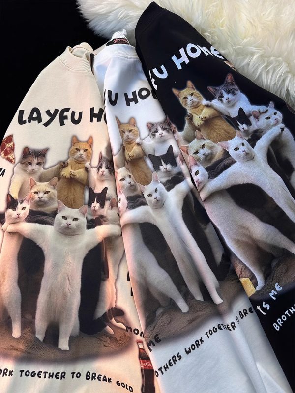 American Retro Cat Print Pure Cotton Short Sleeve T-Shirt for Men and Women - Plus Size Loose Couple Outfit - Y2K Style