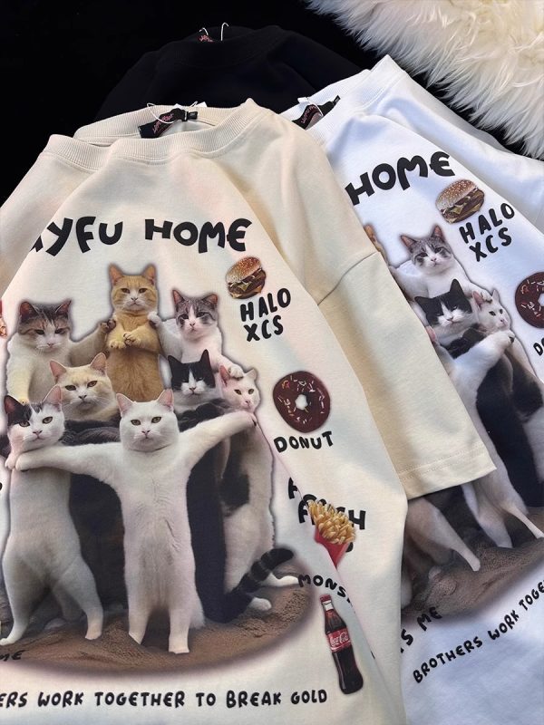 American Retro Cat Print Pure Cotton Short Sleeve T-Shirt for Men and Women - Plus Size Loose Couple Outfit - Y2K Style
