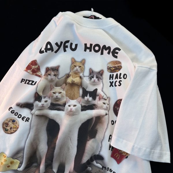 American Retro Cat Print Pure Cotton Short Sleeve T-Shirt for Men and Women - Plus Size Loose Couple Outfit - Y2K Style