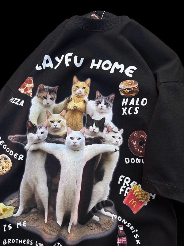 American Retro Cat Print Pure Cotton Short Sleeve T-Shirt for Men and Women - Plus Size Loose Couple Outfit - Y2K Style