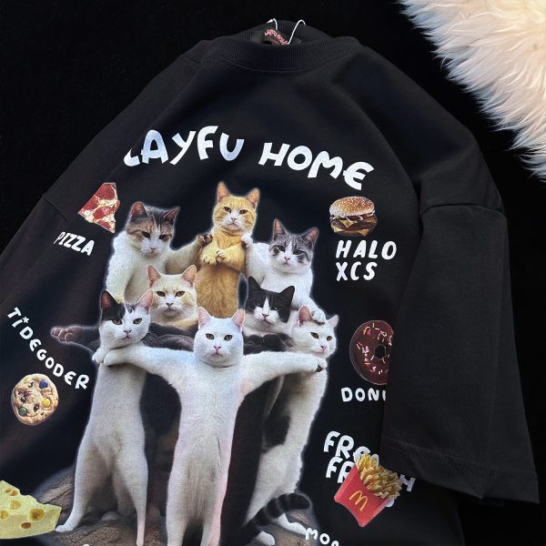 American Retro Cat Print Pure Cotton Short Sleeve T-Shirt for Men and Women - Plus Size Loose Couple Outfit - Y2K Style
