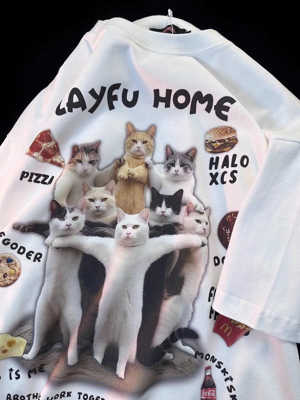 American Retro Cat Print Pure Cotton Short Sleeve T-Shirt for Men and Women - Plus Size Loose Couple Outfit - Y2K Style