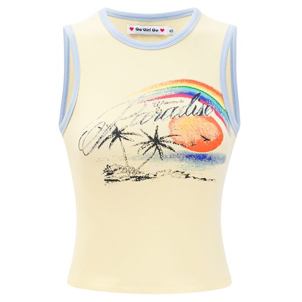 American Retro Coconut Tree Beach Print Sleeveless Tank Top for Women - Slim Fit 90s Style DIY Summer Top