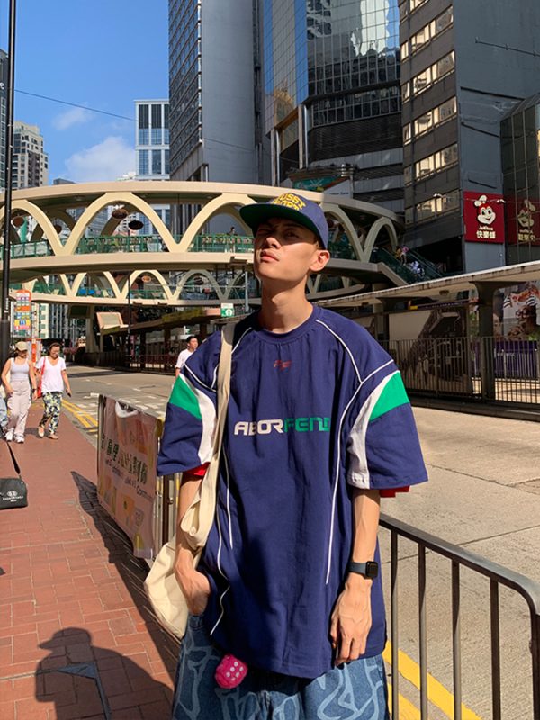 American Retro Color-Blocked Short Sleeve Sports Jersey for Men - Casual Loose Fit Summer Style