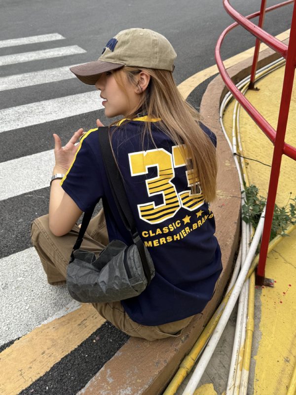 American Retro Color-Blocking Striped Short Sleeve T-Shirt with Small Collar for Women - Trendy Summer Streetwear