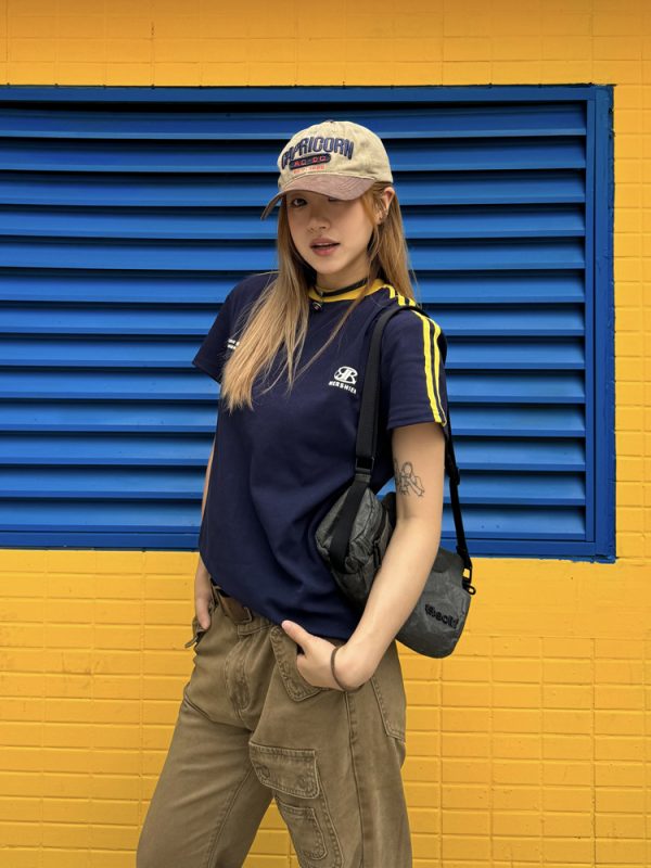 American Retro Color-Blocking Striped Short Sleeve T-Shirt with Small Collar for Women - Trendy Summer Streetwear