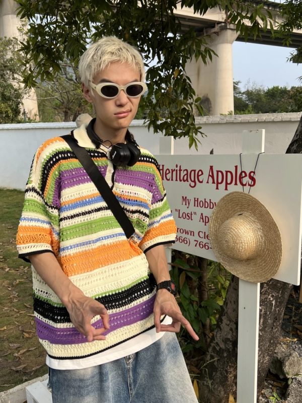 American Retro Colorful Striped Hollow Knit Shirt - Spring Summer Loose Casual Lapel Top for Trendy Style