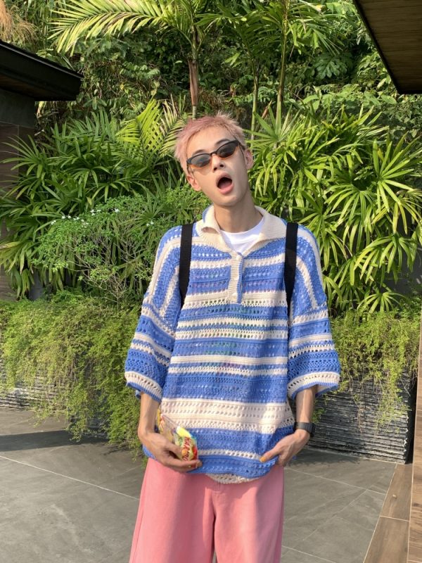 American Retro Colorful Striped Hollow Knit Shirt - Spring Summer Loose Casual Lapel Top for Trendy Style