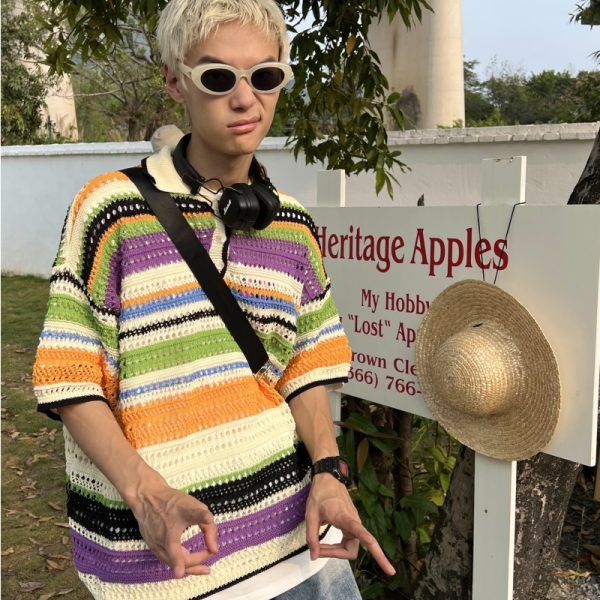 American Retro Colorful Striped Hollow Knit Shirt - Spring Summer Loose Casual Lapel Top for Trendy Style