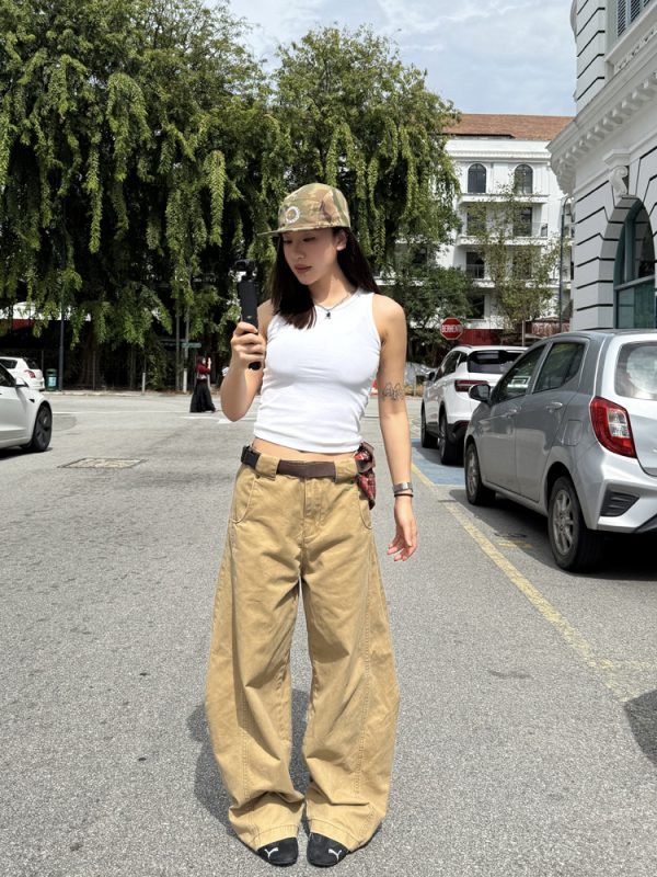 American Retro Curved Knife Pants - Loose Fit, Washed Spliced Design, Casual Long Pants for Men and Women, Y2K Style