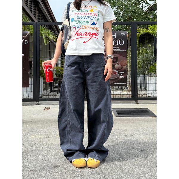 American Retro Curved Knife Pants - Loose Fit, Washed Spliced Design, Casual Long Pants for Men and Women, Y2K Style