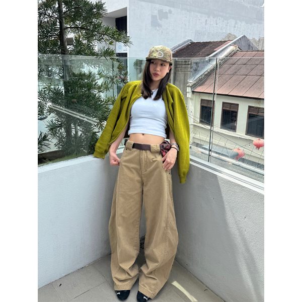 American Retro Curved Knife Pants - Loose Fit, Washed Spliced Design, Casual Long Pants for Men and Women, Y2K Style