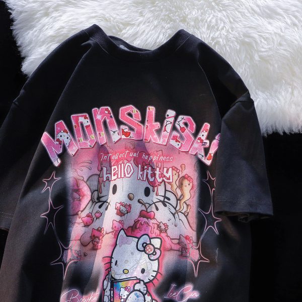 American Retro Cute Hello Kitty Cotton Short Sleeve T-Shirt for Men and Women Plus Size Loose Fit Trendy Couple Top