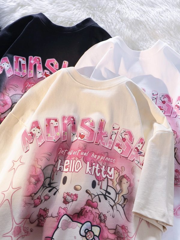 American Retro Cute Hello Kitty Cotton Short Sleeve T-Shirt for Men and Women Plus Size Loose Fit Trendy Couple Top