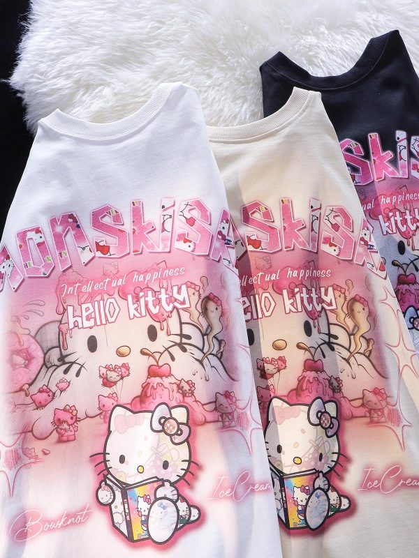 American Retro Cute Hello Kitty Cotton Short Sleeve T-Shirt for Men and Women Plus Size Loose Fit Trendy Couple Top