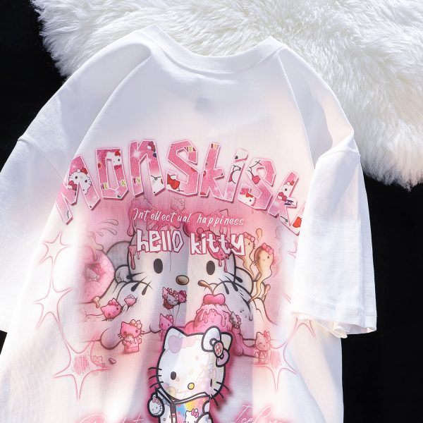 American Retro Cute Hello Kitty Cotton Short Sleeve T-Shirt for Men and Women Plus Size Loose Fit Trendy Couple Top