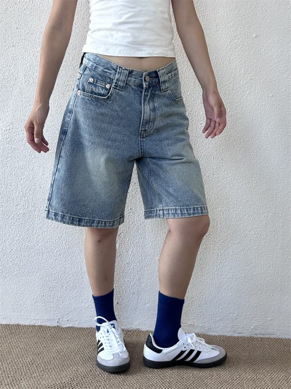 American Retro Denim Shorts for Women - Loose Casual Fried Snowflake Design, Spring 2025 Heavy Industry Style, Five-Point Length