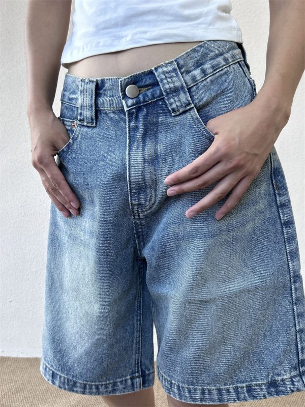 American Retro Denim Shorts for Women - Loose Casual Fried Snowflake Design, Spring 2025 Heavy Industry Style, Five-Point Length