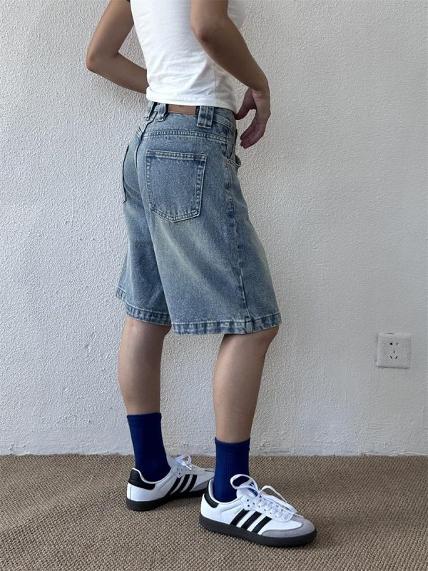 American Retro Denim Shorts for Women - Loose Casual Fried Snowflake Design, Spring 2025 Heavy Industry Style, Five-Point Length