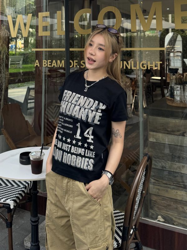 American Retro Distressed Printed Shoulder Short Sleeve Women's T-Shirt - Casual Summer Top, Y2K Style