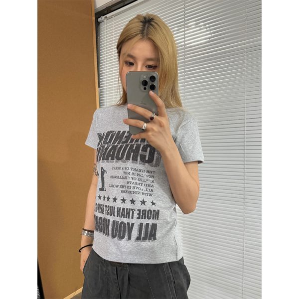 American Retro Distressed Printed Shoulder Short Sleeve Women's T-Shirt - Casual Summer Top, Y2K Style