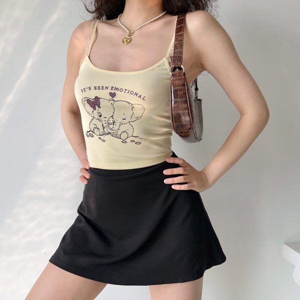 American Retro Elephant Cartoon Print Cami Top for Women - Slim Fit Short Crop Top, Y2K Style