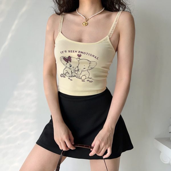 American Retro Elephant Cartoon Print Cami Top for Women - Slim Fit Short Crop Top, Y2K Style