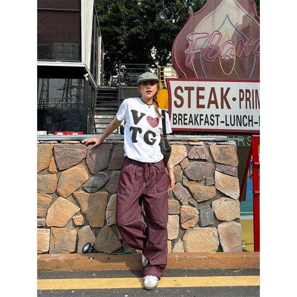 American Retro Fitted Short-Sleeve T-Shirt for Women, Street Style Round Neck, Trendy Summer Top, Vintage 90s Fashion