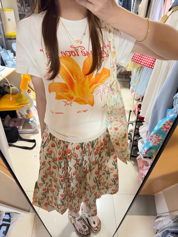 American Retro Floral Lily Print Short Sleeve T-Shirt for Women - Summer Casual Slim Fit, Versatile Y2K Style