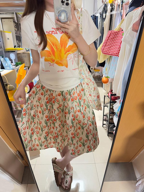 American Retro Floral Lily Print Short Sleeve T-Shirt for Women - Summer Casual Slim Fit, Versatile Y2K Style