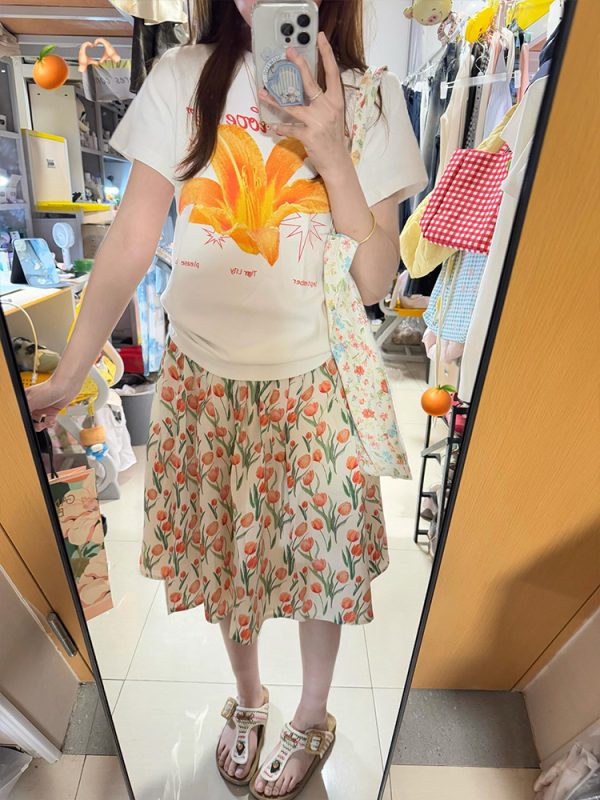 American Retro Floral Lily Print Short Sleeve T-Shirt for Women - Summer Casual Slim Fit, Versatile Y2K Style