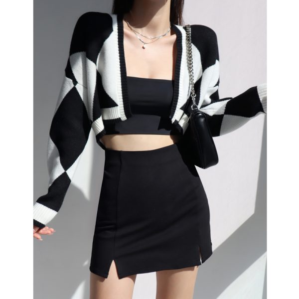 American Retro Girl Diamond Knit Cardigan - Short Loose Slimming V-Neck Long Sleeve Sweater Shawl Coat for Y2K Style