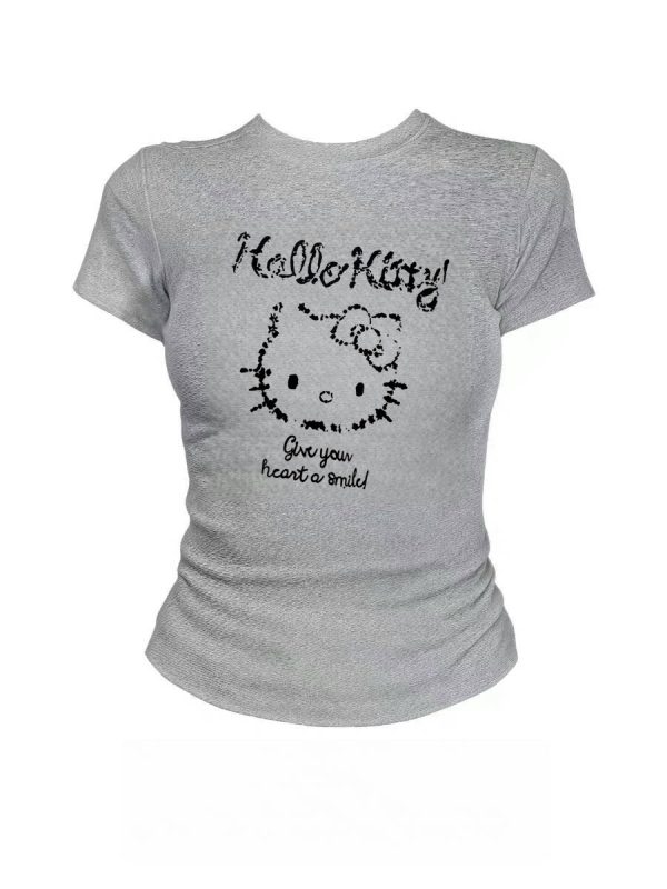 American Retro Hello Kitty Cartoon Printed Short-Sleeve T-Shirt for Women - Slim Fit Summer Style, Flattering Niche Design