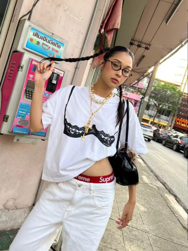 American Retro Lace Corset Short Sleeve T-Shirt for Women - Oversized Spicy Girl Top with Trendy Print