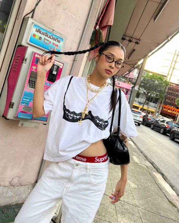 American Retro Lace Corset Short Sleeve T-Shirt for Women - Oversized Spicy Girl Top with Trendy Print