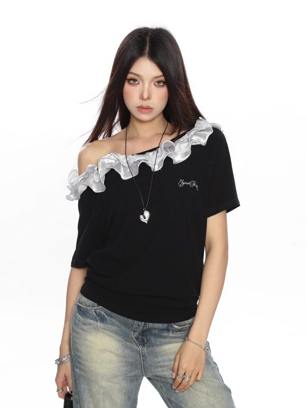 American Retro Lace Off-Shoulder One-Shoulder Short Sleeve T-Shirt for Women - Summer Spicy Girl Top, Y2K Fashion Trend