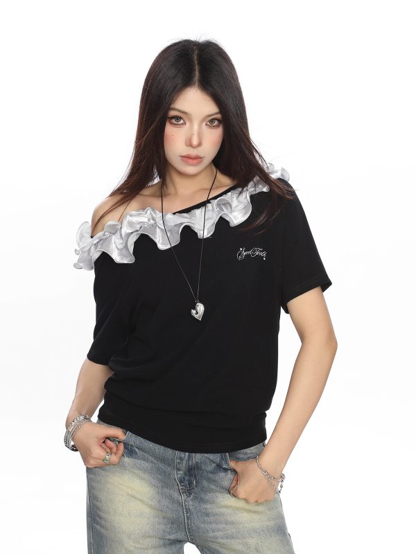 American Retro Lace Off-Shoulder One-Shoulder Short Sleeve T-Shirt for Women - Summer Spicy Girl Top, Y2K Fashion Trend
