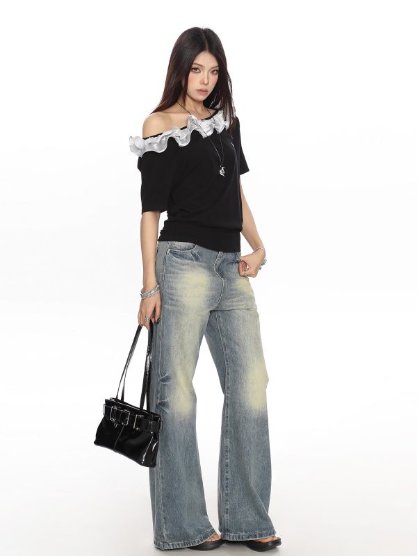 American Retro Lace Off-Shoulder One-Shoulder Short Sleeve T-Shirt for Women - Summer Spicy Girl Top, Y2K Fashion Trend