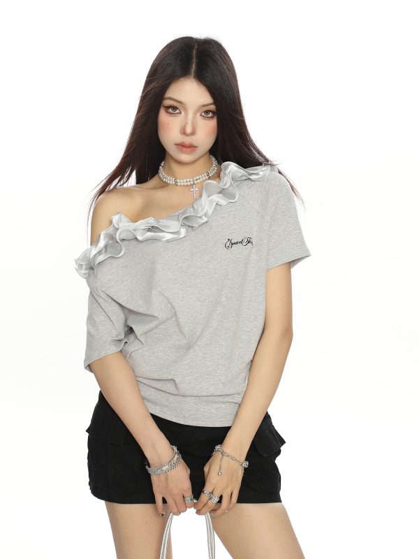 American Retro Lace Off-Shoulder One-Shoulder Short Sleeve T-Shirt for Women - Summer Spicy Girl Top, Y2K Fashion Trend